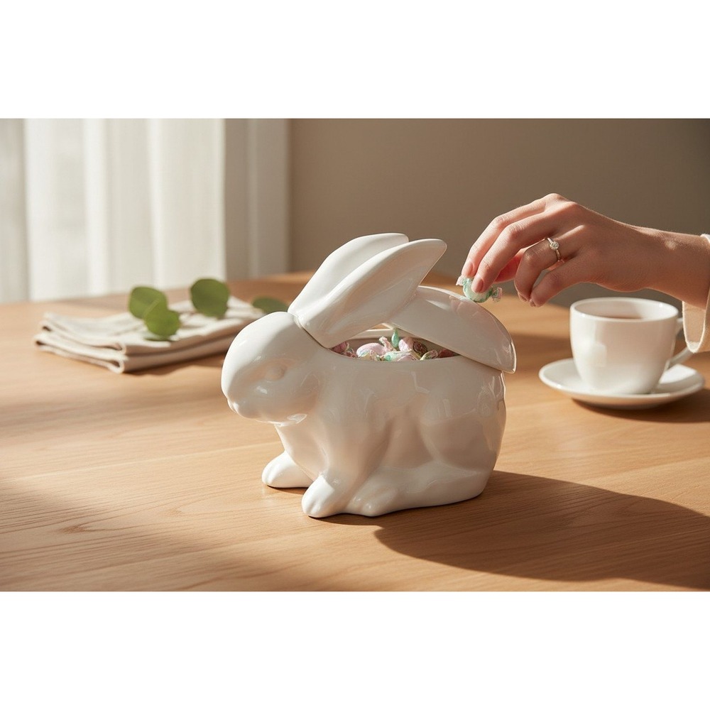 Maxcera Bunny Rabbit Cookie Jar Home Decor White Brand New Rustic Ceramic Easter